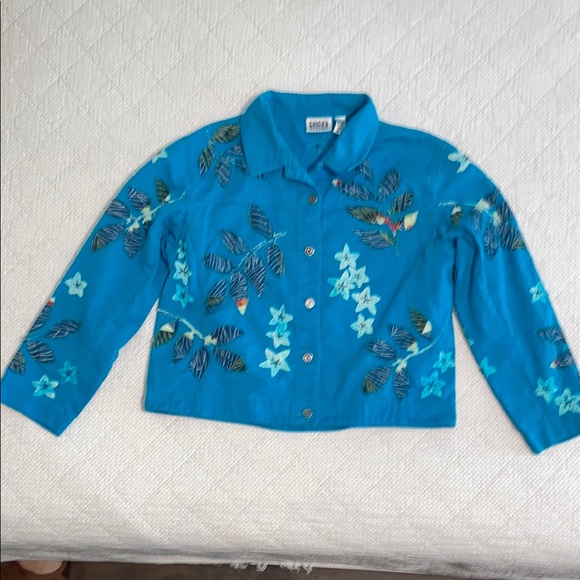 Chico's Teal Embroidered Jean Jacket - Picture 2 of 6